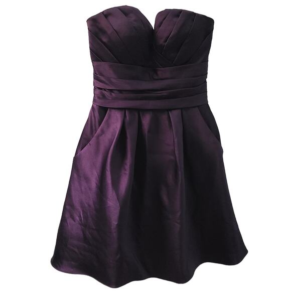 Bill Levkoff Womens Sz 2 Purple Satin Strapless Mini Dress Pleated Flowy Dress - Picture 1 of 5